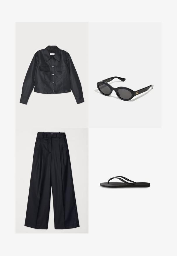 Sort satinjakke med krave, frontknaplukning, to brystlommer og lange ærmer med knapmanchetter.; Hvid bomuld t-shirt med korte ærmer og rund halsudskæring. Har en afslappet pasform og et minimalistisk design uden mønstre eller accenter.; Sorte breddebenede bukser lavet af glat stof, med høj talje, læg og skræddersyet design. Enkel sort hardware i talje.; Sorte flip-flop med en tekstureret gummisål, to slanke stropper og et subtilt, præget logodetalje på stroppen.; Sorte ovale solbriller med mørke linser og blank plastramme. Har et guldlogo på stykket, hvilket giver et slankt og moderne design.