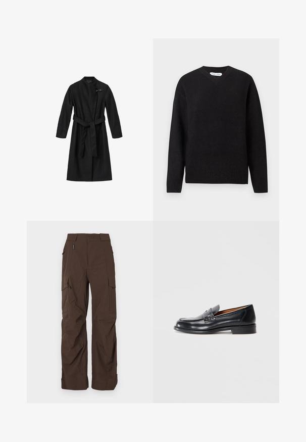 Must musträime, mis on valmistatud siledast, tekstuurilisest kangast. Omab mähisdisaini, pikki varrukaid ja vöö sidumisel vööd. Sisaldab dekoratiivset klambrit.; Mustast V-kaelusega sviiter pehmest villasegust, millel on pikad varrukad ja ribidega mansetid ja alus. Lihtne, klassikaline disain ilma mustrite või aktsentideta.; Lühikeste varrukatega polo-sviiter hallist villast, millel on tumeda halli teemantmustri ja valgete õmblusdetailidega. Klassikaline krae koos nuppudega.; Pruunid cargo püksid sirge lõikega, valmistatud vastupidavast kangast. Omavad mitmeid taskuid ja turvalist vöödisaini.; Mustad mustad nahast mokassiinid ümarate varvastega, tikandite ja siledaga tekstuuriga. Omab madalat kontsa ja libisemisvõimet.