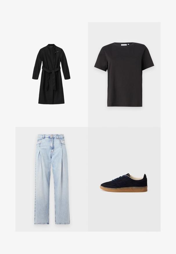 Crni kaput napravljen od glatkog, teksturiranog materijala. Ima wrap dizajn, duge rukave i kaiš oko struka. Uključuje dekorativni kopč.; Crna pamučna majica s kratkim rukavima, okruglim izrezom i jednostavnim, čistim dizajnom. Nema vidljivih uzoraka ili ukrasa.; Svijetloplavi traperice s visokim strukom, širokim krojem, dva bočna džepa i naboranim dizajnom. Mekana tekstura s izblijedjelim završetkom.; Tamnoplava brušena tenisica s gumenim potplatom boje gume, plavim vezicama i minimalističkim dizajnom. Ima ulegnuti logo sa strane i glatku unutarnju oblogu.