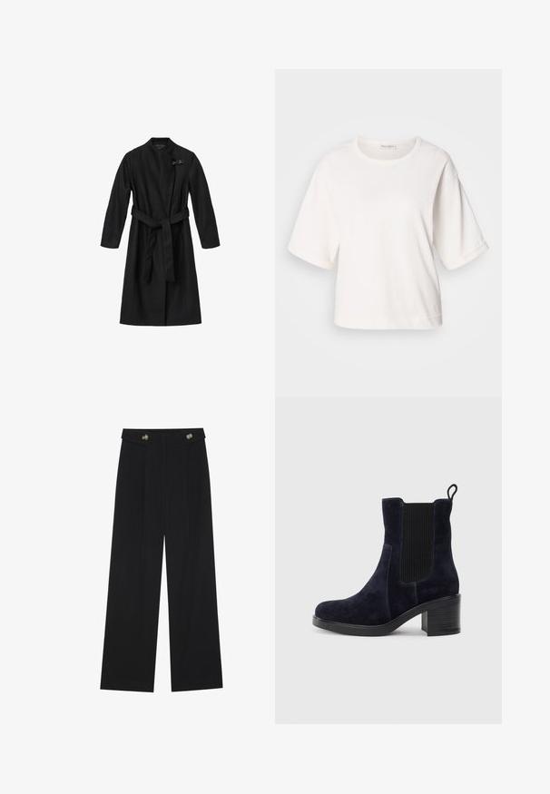 Melns mētelis, izgatavots no gludas, tekstūras auduma. Iezīmējas ar apņemšanas dizainu, garām piedurknēm un jostu viduklī. Iekļauj dekoratīvu aizdari.; Balts kokvilnas T-krekls ar brīvu piegriezumu, īsām piegriezta piedurknēm, apaļu kaklu un gludu tekstūru. Vienkāršs, minimāls dizains.; Melnas platās bikses ar augstu jostasvietu, pogu detaļām uz jostas un priekšējām krokām.; Jūras zilas zamšādas potītes zābaki ar elastīgu sānu paneļu, noapaļotu purngalu un bloku papēdi. Tekstūrizēta auduma un gludas zoles salīdzinājums.