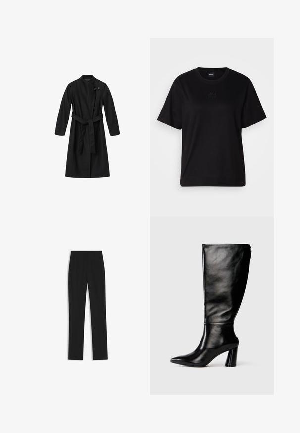 Cappotto nero realizzato in un tessuto liscio e strutturato. Presenta un design avvolgente, maniche lunghe e una cintura legata in vita. Include una chiusura decorativa.; Maglietta in cotone nera con scollatura tonda, maniche corte e logo ricamato sul petto. Design semplice e vestibilità rilassata senza motivi.; Pantaloni neri su misura con un design a gamba dritta, dotati di tasche frontali e un tessuto liscio e strutturato. Dettagli ordinati e minimalisti.; Stivale in pelle nera, alto fino al ginocchio, con punta affusolata, superficie liscia e tacco spesso. Presenta un dettaglio con zip sul retro.