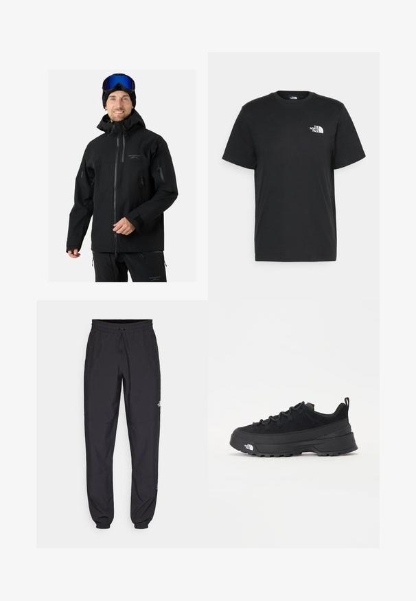 Czarna, wodoodporna kurtka narciarska z wysokim kołnierzem, regulowanymi mankietami, wieloma zasuwanymi kieszeniami oraz logo na klatce piersiowej. Zawiera kaptur.; Czarna bawełniana koszulka z krótkimi rękawami, okrągłym dekoltem i małym białym logo na lewej piersi. Prosty design, gładka faktura i luźny krój.; Czarne spodenki sportowe wykonane z lekkiego materiału, z elastycznym pasem na sznurek, bocznymi kieszeniami i zwężanymi mankietami przy kostkach.; Czarne sneakersy outdoorowe z zamszowym wierzchem, teksturowaną gumową podeszwą i solidnym systemem sznurowania. Posiadają wzmocnioną piętę oraz logo marki na boku.