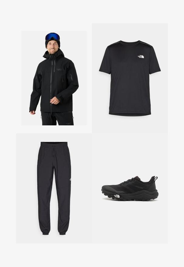 Zwarte waterdichte skijack met een hoge kraag, verstelbare manchetten, meerdere ritszakken en een logo op de borst. Inclusief een capuchon.; Zwarte T-shirt met korte mouwen, gemaakt van lichtgewicht stof. Bevat een klein wit logo op de linkerborst en verfijnde schouderaccenten.; Zwarte sportieve broek gemaakt van lichtgewicht stof, met een trekkoord in de taille, zijzakken en taps toelopende boorden bij de enkels.; Zwarte trailrunning schoen met een gestructureerde bovenkant, rubberen zool en versterkte neus. Voorzien van een gevoerde kraag en een trekhaak voor eenvoudig aan- en uittrekken.