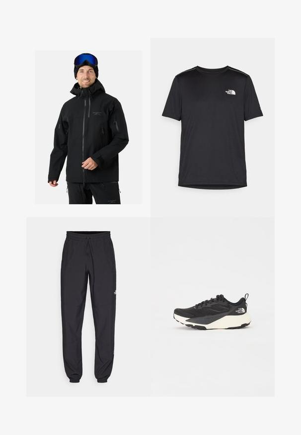 Czarna, wodoodporna kurtka narciarska z wysokim kołnierzem, regulowanymi mankietami, wieloma zasuwanymi kieszeniami oraz logo na klatce piersiowej. Zawiera kaptur.; Czarny t-shirt z krótkim rękawem, wykonany z lekkiego materiału. Posiada małe białe logo na lewej piersi oraz subtelne akcenty na ramionach.; Czarne spodenki sportowe wykonane z lekkiego materiału, z elastycznym pasem na sznurek, bocznymi kieszeniami i zwężanymi mankietami przy kostkach.; Czarne buty sportowe z teksturowaną siateczką, solidnymi czarnymi akcentami i białą, lekką podeszwą. Posiadają zapięcie na sznurówki i uchwyt do zakładania.