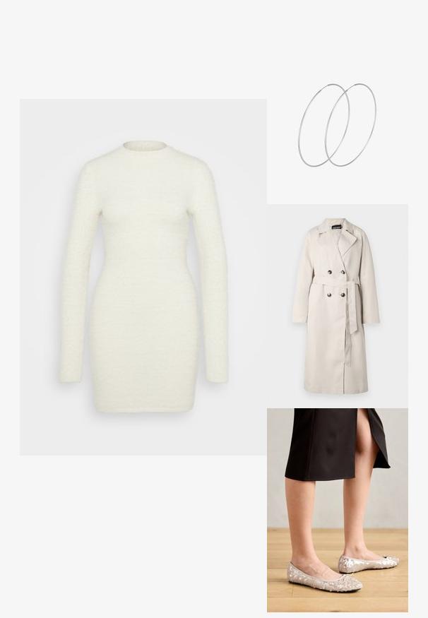 Beżowy trencz z podwójnym zapięciem, szerokim kołnierzem i paskiem w talii. Posiada długie rękawy oraz prosty dół.; Sukienka z długim rękawem wykonana z miękkiej, teksturowanej białej tkaniny; dopasowana sylwetka z okrągłym dekoltem i gładkim wykończeniem, sięgająca do połowy uda.; Beżowe baleriny z cekinami, z okrągłym noskiem i ozdobionym kokardką, zestawione z czarną spódnicą, eksponowane na drewnianej podłodze.; Srebrne kolczyki w formie obręczy o minimalistycznym designie. Okrągły kształt, gładka faktura i cienki profil. Lekkie, z polerowanym wykończeniem.