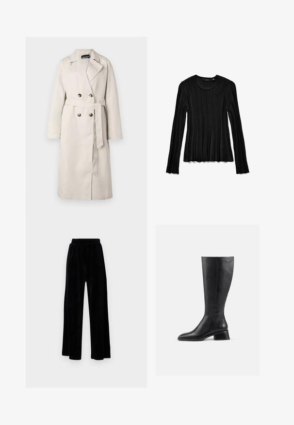 Bež plašč s dvojno gumbasto sprednjo zapenjanjem, širokim ovratnikom in pasom. Ima dolge rukave in ravno rob.; Črna dolgoročna majica iz rebraste tkanine. Ima okroglo izrez in teksturiran dizajn z razširjenimi manšeti. Lahka in oprijeta oblika.; Črne široke hlače iz mehkega žameta, z elastičnim pasom in gladko teksturo, brez vidnih detajlov ali vzorcev.; Črne usnjene škornje do kolen z zaobljenim nosom in nizko block peto. Imajo gladko teksturo in minimalne šive.