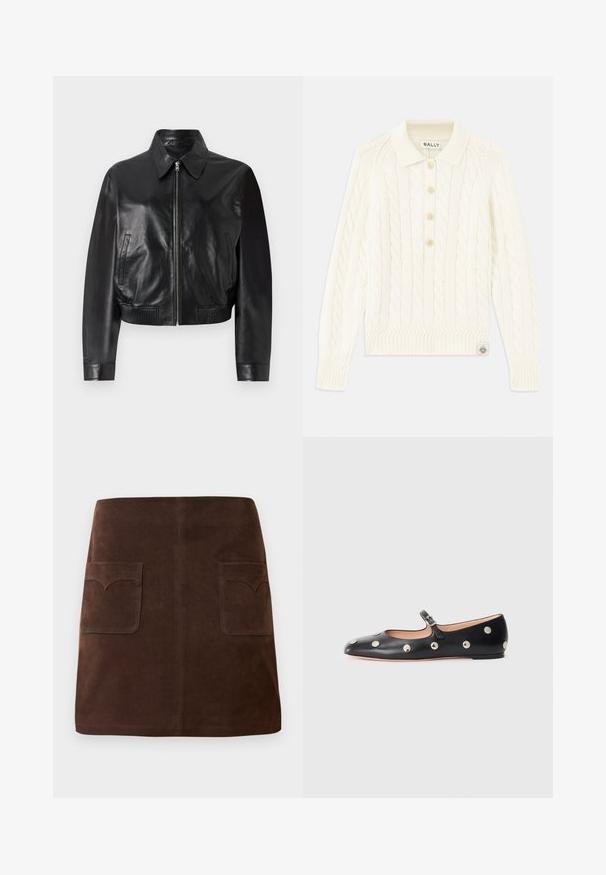 Schwarze Leder-Bomberjacke mit einem Frontreißverschluss, spitzem Kragen und gerippten Bündchen. Verfügt über Seitentaschen und ein cropped Design.; Cremefarbener Grobstrickpullover mit Kragen, vierknöpfiger Blende, gerippten Bündchen und einem kleinen Logopatch am Saum.; Brauer Wildlederrock im klassischen A-Linien-Schnitt, mit zwei vorderen Taschen mit abgerundeten Klappen und dezenten Nähten.; Schwarze Leder-Mary-Jane-Ballenflats mit runder Zehenform, ausgestattet mit silbernen runden Nieten und einem verstellbaren Riemen mit Schnalle.