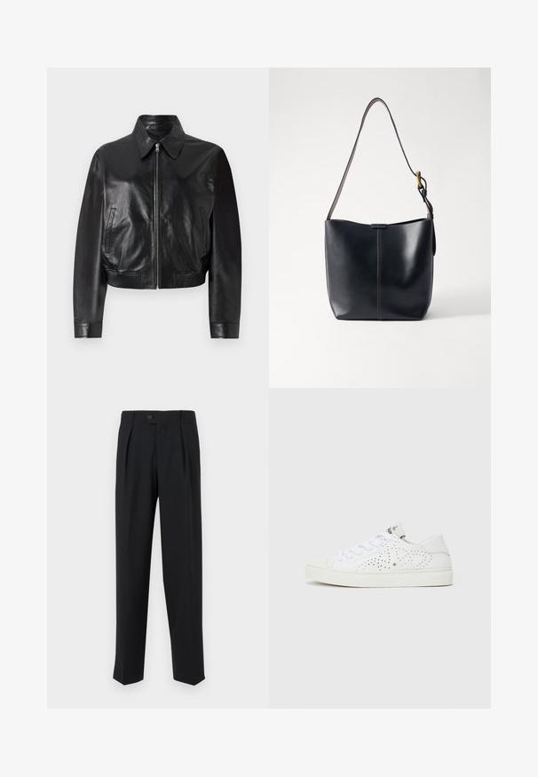 Zwarte leren bomberjack met een ritssluiting aan de voorkant, puntige kraag en geribde manchetten. Voorzien van zijzakken en een cropped ontwerp.; CLOSED CREW NECK WIDE SLEEVE - Trui - light grey; Zwarte broek van gladde stof, met voorplooien, een enkele knoopsluiting en rechte pijpen. Minimalistisch ontwerp zonder patronen.; Witte lage sneakers met geperforeerd ontwerp, platte veters en een gestructureerde rubberen zool. Kenmerkt zich door een minimalistische stijl en een zachte afwerking.; Zwarte leren schoudertas met een gladde textuur, voorzien van een dunne, lange schouderband en een subtiele stiknaad in het midden.