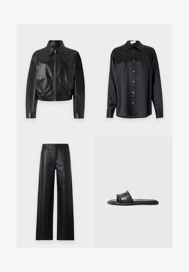 Must valgkonna nahast pommitaja jakk, millel on eesneel ja ribaga mansetid. Omab küljetaskuid ja lühikest disaini.; Musta pikemate varrukatega särk, millel on krae ja kortsus tekstuur, täispikk nööpidega eesmine osa ja varrukate mansetid. Valmistatud siledast kangast.; Laiad mustad nahkpüksid siledast tekstuurist, esi-taskute, nööbiga sulgemise ja peente õmblusdetailidega.; Mustmust nagu nahast sandaalid, millel on kootud rihm, lame tall, ja Nub kerge disain. Sile tekstuur ja minimalistlik profiil.