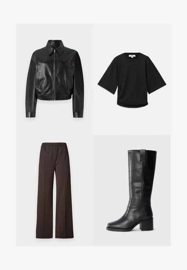 Čierna kožená bomber bunda s predným zipsom, špicatým golierom a rebrovanými manžetami. Obsahuje bočné vrecká a skrátený strih.; Čierne tričko s krátkym rukávom vyrobené z mäkkej bavlny, s okrúhlym výstrihom a voľným strihom s jemným zberaním na boku.; Široké nohavice v tmavohnedej látke s elastickým pásom, s hladkou štruktúrou a čistými líniami pre upravený vzhľad.; Čierne kožené čižmy po kolená so hladkou textúrou, štvorcovou špičkou, blokovým podpätkom a bočným úchytom, s minimálnymi švami.