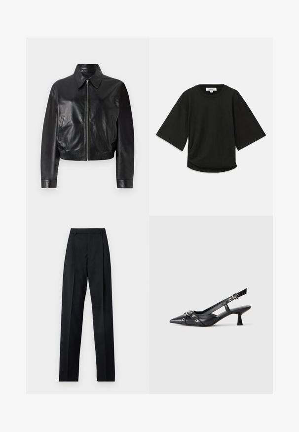 Sort læder bomberjakke med frontlynlås, spids krave og ribbede manchetter. Har sidelommer og et cropped design.; Sort kortærmet t-shirt lavet af blødt bomuld, med rund halsudskæring og en afslappet pasform med en subtil samlede detalje i siden.; Sorte bukser lavet af glat stof, der har høj talje, brede ben, frontfolder og klassiske bælteløkker. Ingen synlige sidelommer.; Sort lædersandal med spids tå, dekorative stropper med metaløjer og en lav blokhæl. Struktureret overflade.