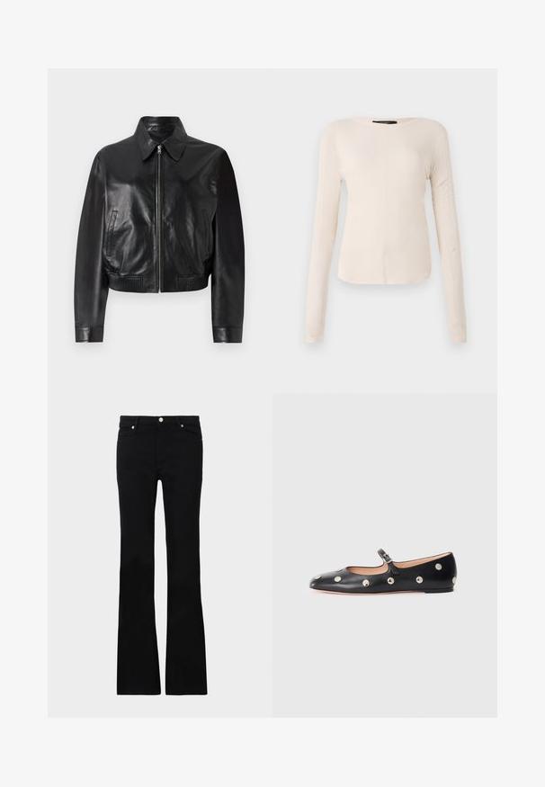 Černá kožená bomber bunda s předním zipem, špičatým límcem a žebrovanými manžetami. Obsahuje boční kapsy a zkrácený střih.; Dlouhý rukáv, světle béžový top s kulatým výstřihem. Vyrobeno z jemné látky, má středový šev a mírně zaoblený lem. Bez viditelné kovové úpravy.; Černé zvonové džíny vyrobené z denimu, s dvěma předními kapsami, zapínáním na knoflík a hladkou strukturou. Na švech je viditelné charakteristické prošívání.; Černé kožené baleríny typu Mary Jane s kulatou špičkou, zdobené stříbrnými kulatými nýty a nastavovacími popruhy se sponou.