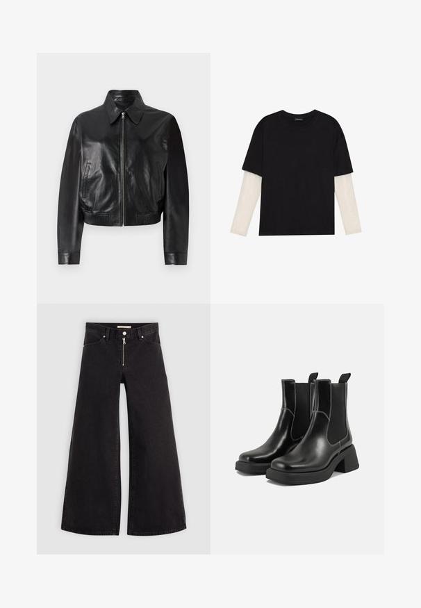 Čierna kožená bomber bunda s predným zipsom, špicatým golierom a rebrovanými manžetami. Obsahuje bočné vrecká a skrátený strih.; Čierne tričko z bavlny, s krátkymi rukávmi cez biele tričko s dlhým rukávom, s jemným textúrovaným vzorom. Design s okrúhlym výstrihom.; Dlhé nohavice vo voľnom strihu z čierneho denimu so zipsom vpredu, päť vrecúškovým dizajnom a jemnými stehovými detailmi. Hladká textúra a neformálny štýl.; Čierne kožené Chelsea čižmy s robustným podpätkom, elastickými bočnými panelmi a kontrastným bielym prešívaním. Textúrovaný povrch.