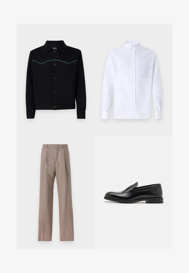 Melns jaka no gludas auduma ar apkakles izgriezumu, tirkīza krāsas dūriens krūtīs un priekšējām pogu aizdaram.; Balts garo piedurknēm krekliņš ar pogām, izgatavots no kokvilnas, ar krūšu kabatu ar tonālu izšuvumu, apkakli un pogām pie piedurknēm.; Brūni, augstos šortos izgatavoti no teksturēta auduma. Iezīmē plašas kājas un divas priekšējās krokas, kas nodrošina struktūru. Kārtīga apdare bez redzamām detaļām.; Melnas ādas kurpes ar gludu tekstūru, noapaļu purngalu un dekoratīvu siksniņu pāri priekšpusei. Zems sakrauts papēdis, minimālisma dizains.