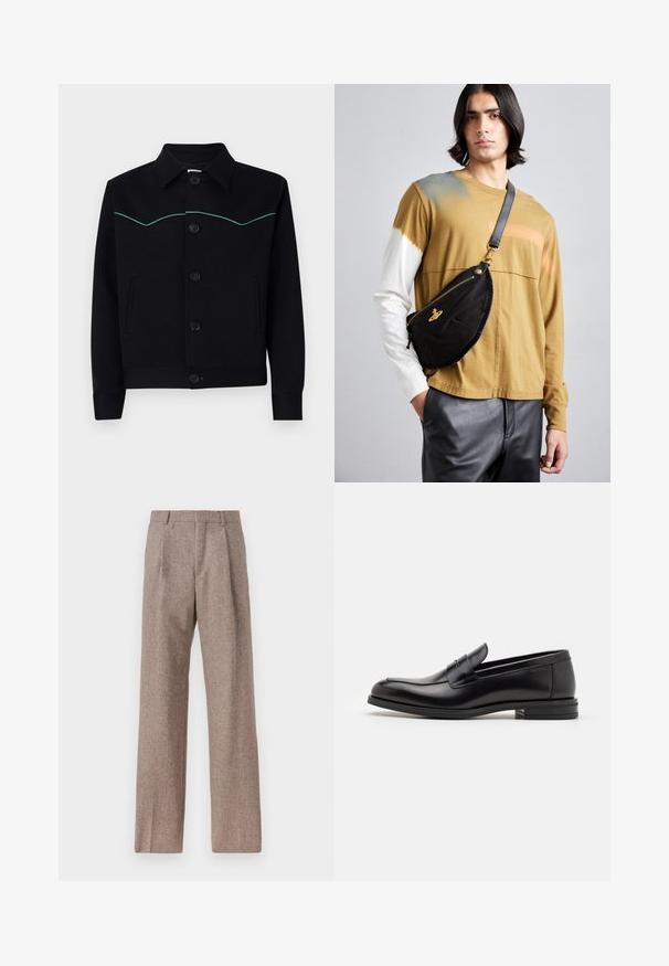 Sort jakke lavet af glat stof, med kravehalsudskæring, turkis syning over brystet og frontlukninger med knapper.; Hvid langærmet skjorte med knapper lavet af bomuld, med en brystlomme med tonal broderi, krave og knapmanchetter.; Brune, højtaljede bukser lavet af tekstureret stof. Har brede ben og to frontfoldninger for struktur. Pæn finish uden synlig hardware.; Sorte læderloafers med en glat overflade, rund tå og en dekorativ strop over vampen. Lav hæl med stabeldesign, minimalistisk stil.; Vivienne Westwood CITY BUMBAG UNISEX - Bæltetasker - black