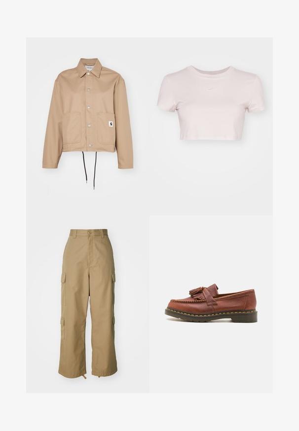 Carhartt WIP SIMPLE SHIRT JACKET - Suvejakk - beige; Lühikeste varrukatega helesinine lühikesed T-särk, valmistatud pehmest kangast. Omab ümmargust kaelaauku ja rinnal on väike valge Nike logo.; Beezid kargo püksid kõrge vöökohaga, laiad jalad ja neli suurt külgtaskut. Valmistatud vastupidavast kangast, millel on sile tekstuur ja minimaalne detail.; Pruunist nahast mokassiind, millel on pompooni aksessuaarid, tekstureeritud pind ja kontrastne kollane õmblus musta kummitald alusel. Küljepilt.