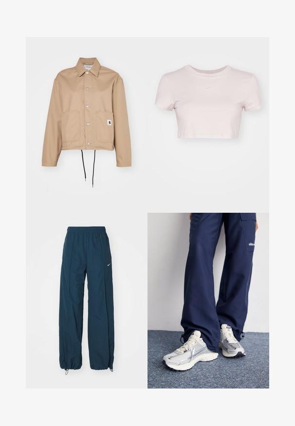 Carhartt WIP SIMPLE SHIRT JACKET - Summer jacket - beige; Cropped T-shirt in light pink, made of soft fabric. Features a crew neck and short sleeves with a small white Nike logo on the chest.; Navy blue Nike sweatpants with a relaxed fit, elastic waistband, and drawstring cuffs. Features subtle logo detail on the side.; Nike athletic shoes with a silver mesh upper, white accents, and textured soles, paired with loose-fitting navy pants.