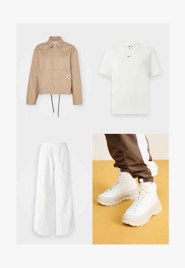Carhartt WIP SIMPLE SHIRT JACKET - Summer jacket - beige; White ribbed t-shirt with a round neckline and short sleeves. Features a small black Nike logo on the chest. Textured fabric with a fitted shape.; White wide-leg athletic pants with a ribbed waistband and subtle logo detail. Smooth fabric with a relaxed fit and tapered hem.; White high-top sneakers with a chunky, textured sole, featuring a smooth upper, round toe, and tonal laces, set against a yellow background.
