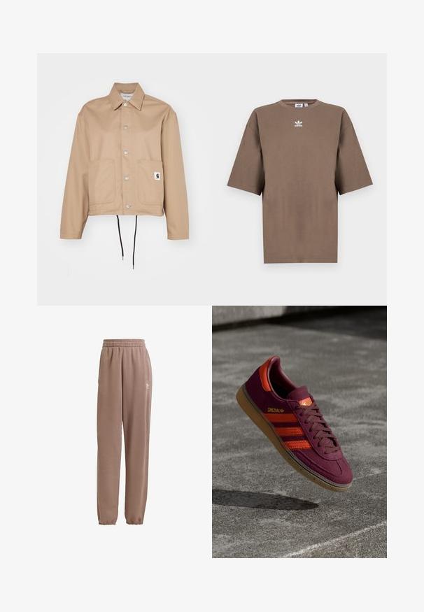 Carhartt WIP SIMPLE SHIRT JACKET - Sommerjakke - beige; Brun bomulls t-skjorte med korte ermer, rund hals og hvit Adidas-logo sentrert på brystet, med ensartet design og avslappet passform.; Brune joggebukser laget av mykt stoff, med elastisk midjebånd, sidelommer og elastiske mansjetter, og med et hvitt logoaksent.; Bordeaux semskede sneakers med oransje striper og detaljer, brune lisser og en gummisåle. Har en logotag på tungen.