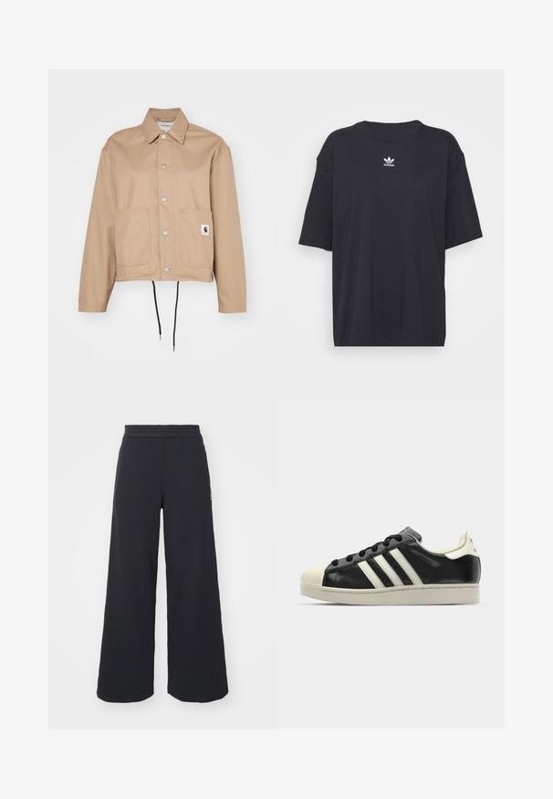 Carhartt WIP SIMPLE SHIRT JACKET - Leichte Jacke - beige; Schwarzes Baumwoll-T-Shirt mit kurzen Ärmeln, rundem Halsausschnitt, mit einem weißen Adidas-Logo auf der Brust. Einfaches Design, lockere Passform.; Schwarze weite Sweatpants aus weichem Material, mit einem elastischen Taillenbund und einem kleinen Logo auf der linken Seite.; Schwarze Ledersneaker mit weißen Streifen, Gummikappe, schwarzen Schnürsenkeln und einer cremefarbenen Sohle. Glatte Textur mit glänzender Oberfläche.