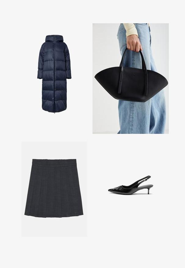 Camisola puffer azul marinho com capuz, apresentando um fecho de correr frontal, design oversized e textura acolchoada. A bainha chega a comprimento até a metade da panturrilha.; Moleton cinza claro com fecho éclair e capuz, apresentando padrões de malha em cabo, com bainha e punhos canelados, e uma textura suave. Perfeito para sobreposições.; T-shirt preto de mangas curtas com gola redonda, feito de tecido de algodão suave, apresentando um design simples e sem padrões ou detalhes visíveis.; Saia pregueada cinza escuro com cintura elástica, apresentando um tecido texturizado e uma silhueta clássica em A. Adequada para uso casual.; Sapatos de salto alto slingback em couro preto com bico fino, pequeno salto kitten e um detalhe decorativo em forma de nó na parte da frente. Textura suave em toda a parte.; Bolsa de mão em couro preto com uma forma única em leque, apresentando alças planas. A superfície tem uma textura pebble e um design minimalista.