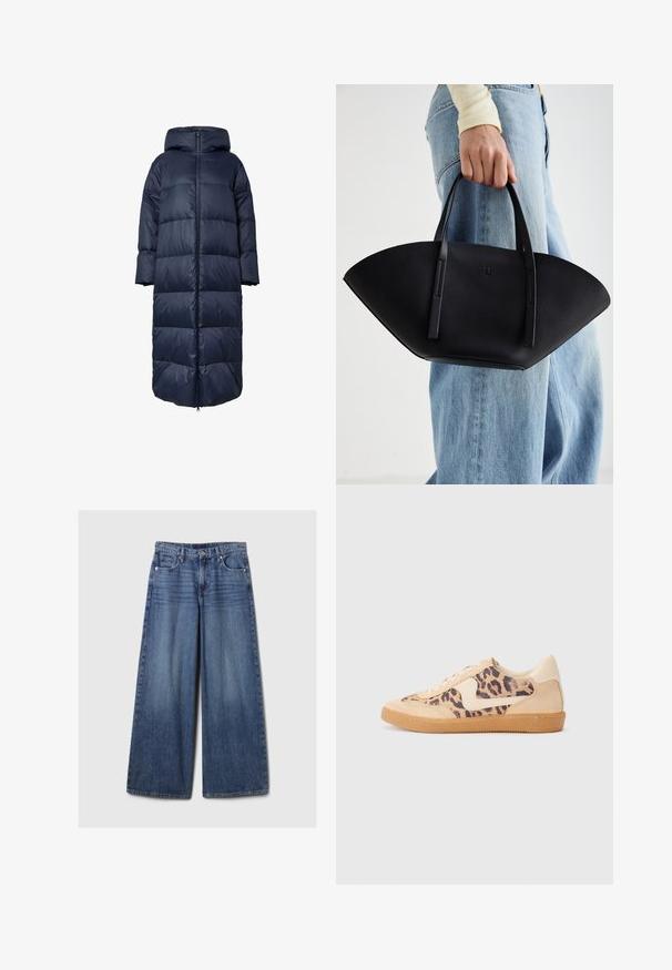 Geacă puf neagră marină cu glugă, cu un fermoar frontal, design supradimensionat și textură matlasată. Baza ajunge la lungimea de mijloc a gambei.; Hanorac cu fermoar, de culoare gri deschis, cu glugă, având modele tricotate în cablu, tiv rib platformat și manșete rib. Perfect pentru stratificare.; Tricou scurt negru, cu maneci scurte și decolteu tip crew, confecționat dintr-un material de bumbac neted, având un design simplu și fără modele sau accente vizibile.; Blugi din denim albastru cu picioare largi, având un finisaj uzat, cu închidere prin buton și fermoar, cinci buzunare și curea.; Tenisi cu imprimeu de leopard, cu partea superioară din suede bej, talpă din cauciuc maro și accente albe. Vârf rotund și design cu șireturi, cu un finisaj texturat.; Geantă de piele neagră cu o formă unică de evantai, având mânere plate. Suprafața are o textură cu mici granule și un design minimalist.