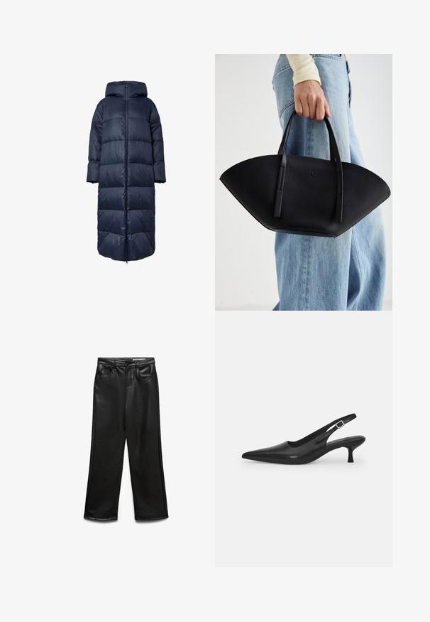Cappotto imbottito blu navy con cappuccio, dotato di zip frontale, design over-size e texture trapuntata. L'orlo arriva a metà polpaccio.; Felpa grigia chiara con zip e cappuccio, caratterizzata da motivi a treccia, orlo e polsini a costine, e una texture liscia. Perfetta per essere indossata a strati.; T-shirt nera a maniche corte con scollo rotondo, realizzata in morbido tessuto di cotone, caratterizzata da un design semplice e priva di motivi o dettagli visibili.; Pantaloni a gamba larga in ecopelle nera con tasche frontali, passanti per cintura e una sottile lucentezza. Texture liscia e vestibilità su misura.; Scarpa slingback nera in pelle con punta affusolata e tacco sottile e curvato. Presenta una discreta fascia regolabile con una fibbia in metallo.; Borsa a tracolla in pelle nera con una forma a ventaglio unica, dotata di manici piatti. La superficie presenta una texture a ciottoli e un design minimalista.