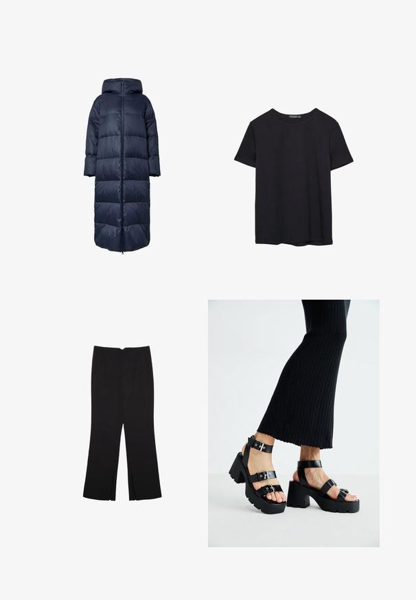 Námornícky modrý prešívaný kabát s kapucňou, s predným zipsom, vo voľnom strihu a prešívanou textúrou. Spodný lem dosahuje dĺžku po polovicu lýtok.; Jednoduché čierne bavlnené tričko s krátkym rukávom a okrúhlym výstrihom, umiestnené na bielom pozadí.; Čierne nohavice so strihom rovného strihu, s prednými vreckami a bočnými rozparkami na leme. Vyrobené z mäkkej, hladkej tkaniny. Vhodné na rôzne príležitosti.; Čierne platformové sandále s robustnými, zúbkovanými podrážkami a viacerými popruhmi, s kovovými prackami a hladkým textúrou pripomínajúcou kožu.