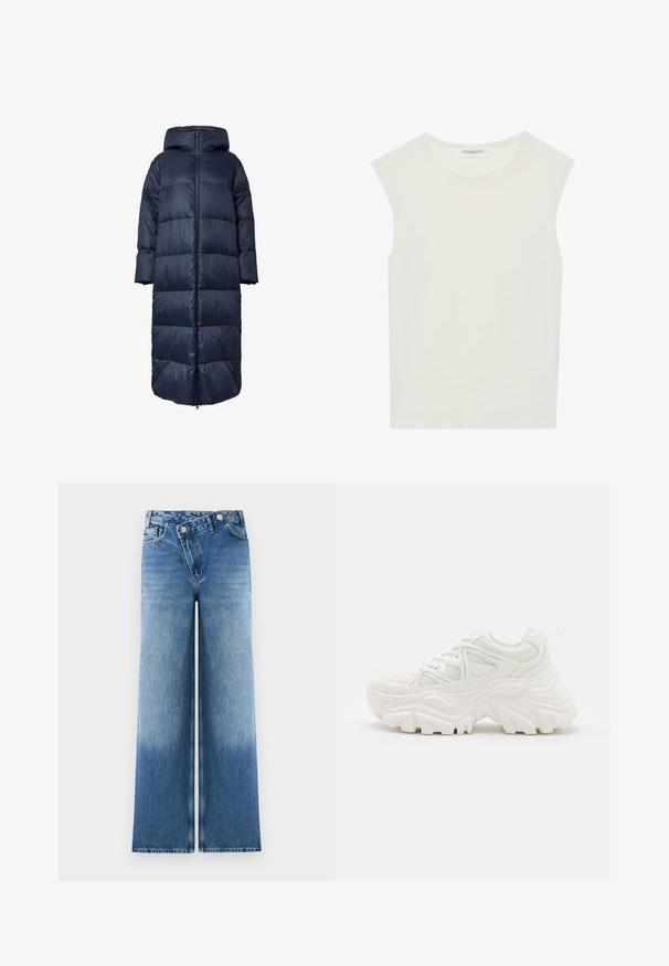 Geacă puf neagră marină cu glugă, cu un fermoar frontal, design supradimensionat și textură matlasată. Baza ajunge la lungimea de mijloc a gambei.; Top alb fără mâneci, cu decolteu rotund. Fabricat dintr-un material neted, prezintă o croială lejeră și un design minimalist. Fără modele sau accente.; Jeans de blugii wide-light blue cu o spălare estompată, având un design clasic cu cinci buzunare și accente din metal la talie.; Adidași albi chunky, cu un superior texturat, panouri din plasă și tălpi de cauciuc groase, cu un model de profil proeminent. Inclusiv șireturi și tab de prindere.