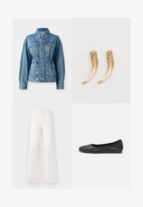 Jaqueta de ganga azul clara com gola, bolsos frontais e cintura elástica. Apresenta botões prateados e um corte descontraído.; Camisola castanha de gola alta em malha, com mangas compridas e punhos e barra canelados, apresentada sobre um fundo branco.; Jeans brancos, de cintura alta e pernas largas, feitos de denim. Apresentam um fecho de botão, dois bolsos frontais e costuras detalhadas nas laterais.; Bailarina preta em pele com bico arredondado, textura suave, detalhe de costura minimalista e design de sola flexível.; Clips de cabelo em metal com tom dourado, com um design curvado e estriado. Textura suave com um acabamento polido e pontas arredondadas. Mostradas duas peças.