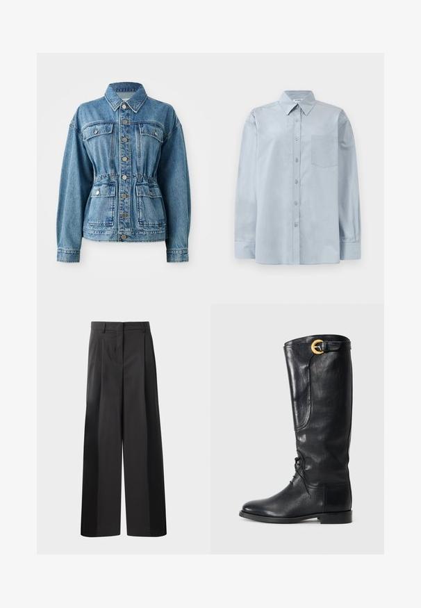 Šviesiai mėlynas džinsinis švarkas su apykakle, priekinėmis kišenėmis ir elastinga juosmeniu. Turtingas sidabrinės spalvos mygtukų ir laisvas kirpimas.; Šviesiai mėlynas ilgomis rankovėmis marškiniai su smailiu apykakle ir krūtinės kišene, ištiesti ant baltos fono.; Juodos plačios kelnės su aukštu liemeniu, su priekinėmis raukšlėmis, glotnia tekstūra ir pritaikytu apdailos stiliumi. Sukurtos laisvam sėdėjimui.; Juodos odinės iki kelio bateliai su apvaliu pirštu, raišteliais priekyje, šoniniu akcentu ir auksiniu sagtimi viršuje. Lygus paviršius.