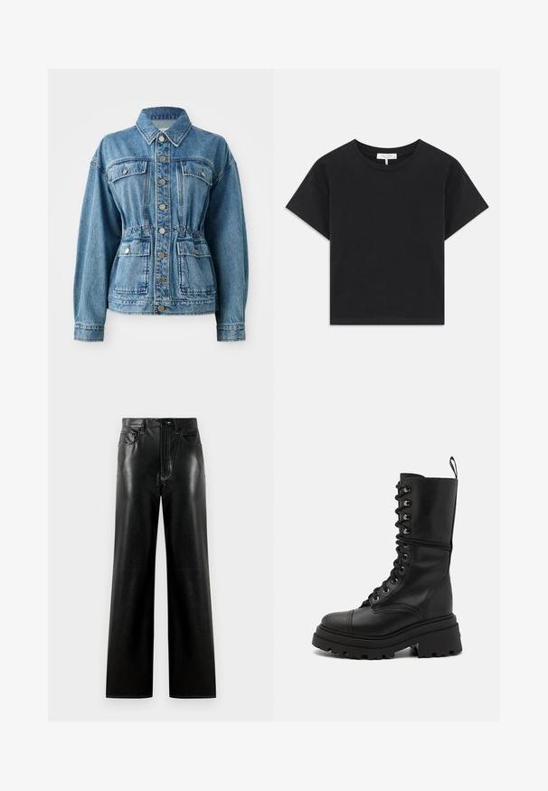 Ljusa blå denimjacka med krage, framfickor och elastisk midja. Den har silverknappar och en avslappnad passform.; Svart kortärmad t-shirt i bomull med rund halsringning, korta ärmar och en enkel design utan mönster eller dekorationer.; Svarta läderbyxor med vida ben och en slät yta, som har en knapp- och dragkedjegylf, framfickor och kontrasterande sömnadsdetaljer.; Svarta läderskor med snörning, chunky sula, hög skaft och texturerad yta, med metalliska ögla och dragkappa.
