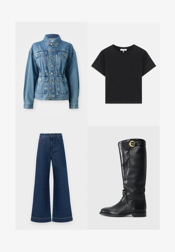 Jaqueta de ganga azul clara com gola, bolsos frontais e cintura elástica. Apresenta botões prateados e um corte descontraído.; T-shirt cropped preta feita de algodão, com decote redondo, mangas curtas e um design simples sem padrões ou adornos.; Jeans azul de perna larga com cintura alta, apresentando um fecho de botão, passantes para cinto e detalhes de costura discretos ao longo dos bolsos e das bainhas.; Bota de couro preta até ao joelho com bico arredondado, atacadores à frente, detalhe lateral e uma fivela dourada no topo. Textura suave.