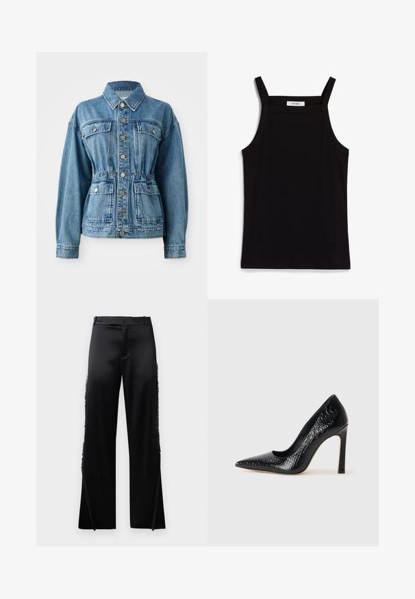 Jachetă din denim de culoare albastru deschis, cu guler, buzunare frontale și talie elastică. Prezintă nasturi argintii și o croială lejeră.; Top negru fără mâneci, cu bretele subțiri, fabricat dintr-un material ribat, având o tăietură dreaptă și o etichetă la gât cu textul "IVY OAK."; Pantaloni negri din satin, cu picioare largi, având detalii cu franjuri de-a lungul cusăturilor laterale și o talie plată în față. Spatele este simplu, fără buzunare.; Pantofii cu toc înalt, ascuțiți, de culoare neagră, cu textură de piele de crocodil, având un design elegant, toc în stil stiletto și interior neted de culoare neagră.