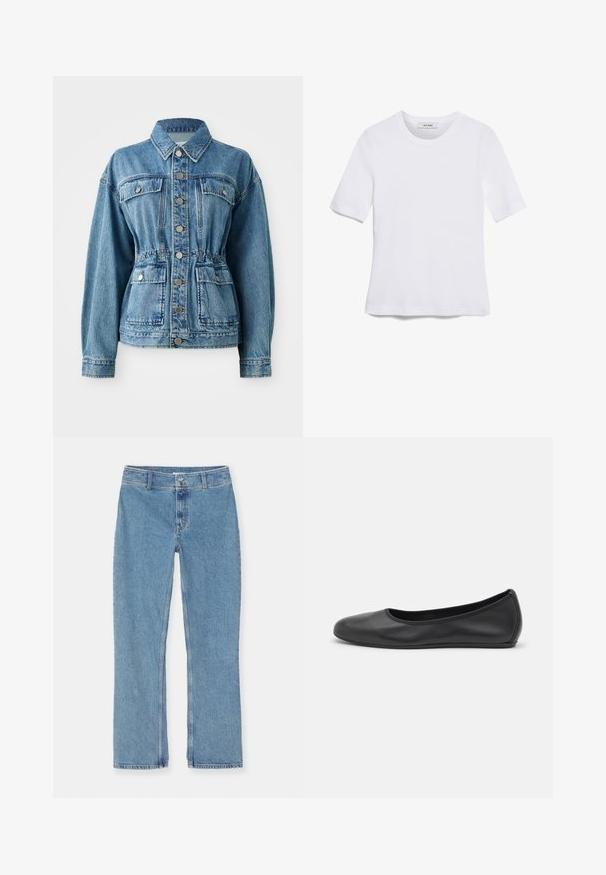 Chaqueta de mezclilla azul claro con cuello tipo solapa, bolsillos frontales y cintura elástica. Presenta botones plateados y un corte relajado.; Camiseta de manga corta blanca hecha de tela de canalé. Cuello redondo, corte regular y detalles de costura sutiles. Sin patrones ni gráficos.; Jeans de denim de pierna recta en azul claro con cierre de botón y cremallera, trabillas para cinturón y costuras estándar sobre un fondo blanco.; Bailarina de piel negra con punta redondeada, textura suave, detalle de costura minimalista y diseño de suela flexible.