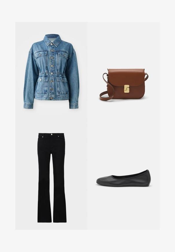 Helehelesin sinine teksajakk, millel on kraega kaelus, ees taskud ja elastne vöökoht. Omab hõbedasi nuppe ja vaba lõiget.; Valge lühikeste varrukatega T-särk ribatud kangast. Ümara kaelusega, tavalisest sobivusest ja peente õmbluse detailidega. Ilma mustrite või graafikateta.; Mustad teksased, millel on flared lõige, kaks esi-taskut, nööbiga kinnitamine ja sile tekstuur. Tootemärgistus on nähtav õmblustes.; Musthave mustika tantsutossud mustast nahast, ümmarguse varbaga, siledast tekstuurist, minimaalse õmblusdetailiga ja paindliku tallakujundusega.; Pruunist nahast käekott, millel on klapiga sulgur, kuldne riistvara, õlarihm ja sile tekstuur. Kompaktne ristkülikukujuline vorm.