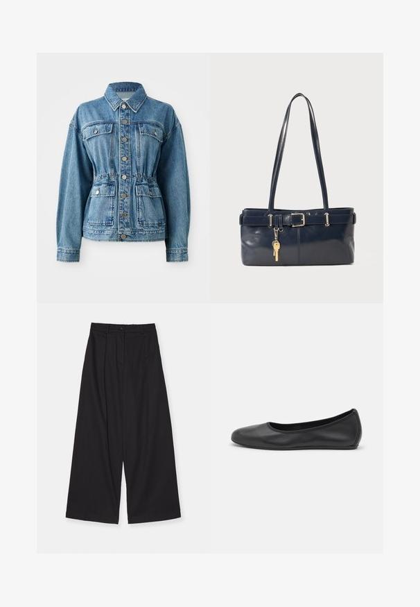 Svetlo modrá džínsová bunda s golierom, prednými vreckami a elastickým pásom. Má strieborné gombíky a voľný strih.; Dlhý rukáv biely tričko vyrobené z rebrovanej bavlny, s okrúhlym výstrihom a rovnými okrajmi. Jednoduchý dizajn bez vzorov alebo akcentov.; Čierne široké nohavice vyrobené z hladkej tkaniny, s vysokým pásom, prednými skladmi, zapínaním na gombík a rovnými líniami.; Čierne kožené baleríny s okrúhlou špičkou, hladkým povrchom, minimálnym prešívaním a flexibilným dizajnom podrážky.; Námornícka kožená kabelka s dvoma dlhými uchami, detailom s prackou a pripojeným kľúčovým držiakom. Má hladkú textúru a obdĺžnikový tvar.