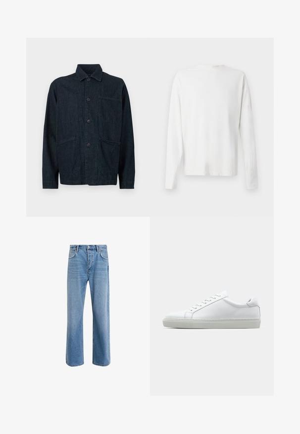 Chaqueta de denim azul oscuro con cuello, botones en la parte frontal y dos grandes bolsillos de parche. Presenta un acabado texturizado.; Camisa de algodón blanca de manga larga con cuello redondo, aberturas laterales en la parte inferior y una textura suave, exhibida desde la parte de atrás.; Jeans de mezclilla azul claro con un diseño de pierna recta, cinco bolsillos, cierre de botón, ligeramente desgastados y detalles de costura en contraste.; Zapatilla blanca con parte superior de cuero liso y perfil bajo. Presenta una puntera redondeada, seis ojales y una suela de goma texturizada.