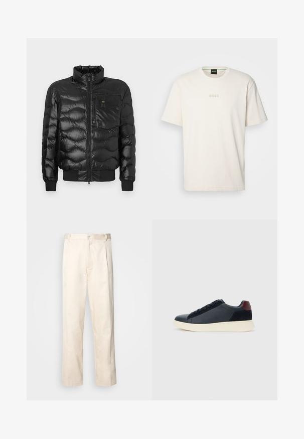 Jachetă puffer neagră cu un finisaj lucios, având guler înalt, închidere cu fermoar și matlasare orizontală. Include un buzunar pe piept și manșete ribbate.; BOSS TEE - Tricou basic - open white; Pantaloni din bumbac bej, cu croială dreaptă, dotati cu închidere cu nasture și pliuri în față pentru un plus de detaliu.; Sneakeruri pentru bărbați, cu talpă joasă, din piele neagră și suede, cu tab cuum maron și talpă din cauciuc alb, văzute din partea exterioară.