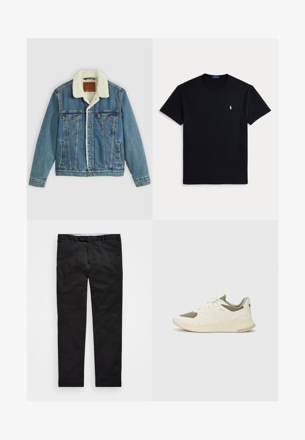 Denimjakke med en lys blå vask, faux shearling-krave, to brystlommer og knaplukninger. Har et lædermærke ved nakken.; Sort bomuldst-shirt med rund halsudskæring, korte ærmer og et lille broderet logo på venstre bryst. Glat tekstur.; Sorte chinos med lige ben, lavet af en bomuldsblandingsstof, med lynlås i gylpen, bæltestropper og sidelommer. Glat tekstur.; Hvide og lyse beige sportssko med en mesh-overdel, perforerede detaljer og en tekstureret mellemsål med branding på hælen.