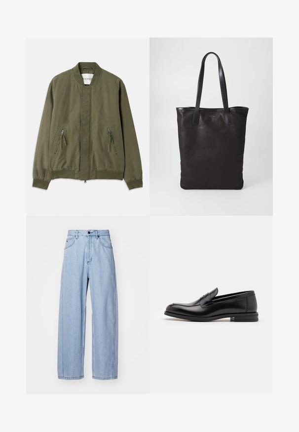 Olivgrüne Bomberjacke mit Rundhals, zwei zipbaren Fronttaschen, elastischen Bündchen und einem klaren, minimalistischen Design. Legere Stoffstruktur.; Weißes Langarm-Hemd mit Knöpfen aus Baumwolle, ausgestattet mit einer Brusttasche mit tonalem Stickerei, einem Kragen und Knopfmanschetten.; Helle blaue Denim-Jeans im weit geschnittenen Design, mit Fronttaschen, einem Knopfverschluss und detaillierten Nähten entlang der Säume.; Schwarze Lederloafers mit glatter Textur, rundem Zehenbereich und einem dekorativen Riemen über dem Vorderfuß. Niedriger, gestapelter Absatz, minimalistisches Design.; Schwarze Stofftote mit schwarzen Ledergriffen. Einfaches Design, geräumiger Körper und glatte Textur. Keine sichtbaren Logos oder Muster.
