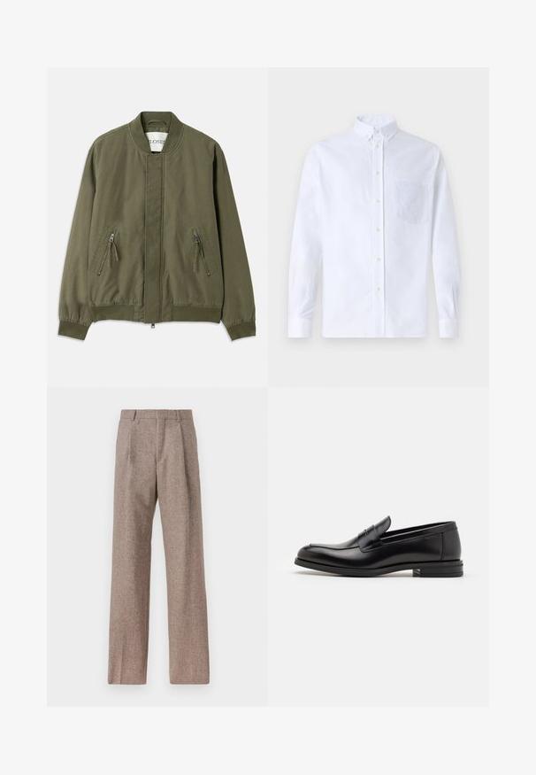 Olivengrøn bomberjakke med rund hals, to lynlåslommer foran, elastiske manchetter og et rent, minimalistisk design. Casual stofstruktur.; Hvid langærmet skjorte med knapper lavet af bomuld, med en brystlomme med tonal broderi, krave og knapmanchetter.; Brune, højtaljede bukser lavet af tekstureret stof. Har brede ben og to frontfoldninger for struktur. Pæn finish uden synlig hardware.; Sorte læderloafers med en glat overflade, rund tå og en dekorativ strop over vampen. Lav hæl med stabeldesign, minimalistisk stil.
