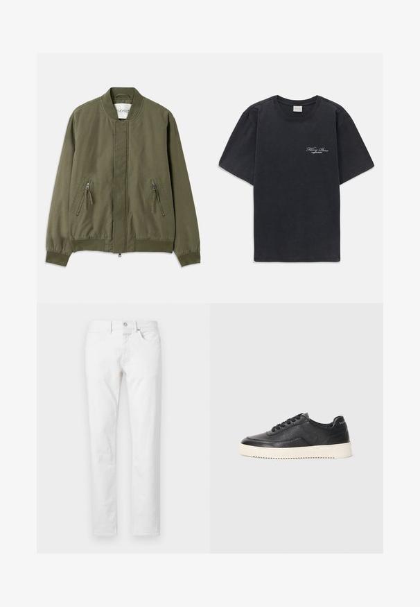 Maslinasto zeleni bomber jakna s okruglim izrezom, dva prednja džepa sa patentnim zatvaračem, elastičnim manžetama i čistim, minimalističkim dizajnom. Ležerna tekstura tkanine.; Crna majica kratkih rukava s okruglim izrezom s malim bijelim logotipom "Filling Pieces" na lijevoj strani prsnog koša.; Bijele traperice ravnog kroja izrađene od denima, sa pet džepova, zatvaranjem na gumbe i klasičnim krojem s minimalnom teksturom.; Crne kožne tenisice s teksturiranim završetkom, okruglim vrhom i ravnim bijelim gumenom potplatom. Karakteriziraju ih crne vezice i branding na peti.