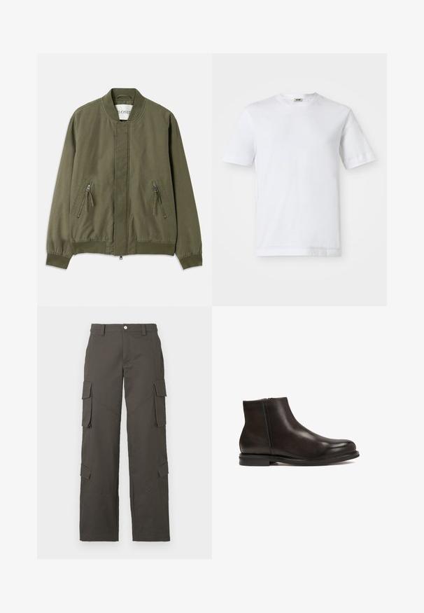Oliivinvihreä pommijakku, jossa on pyöreä kaula-aukko, kaksi vetoketjullista etutaskua, elastiset hihansuut ja puhdas, minimalistinen muotoilu. Rentoa kankaankuosia.; Valkoinen puuvillapaita, jossa on lyhyet hihat, pyöreä kaula-aukko ja sileä pinta. Kuvioita tai koristeita ei ole näkyvissä.; Tummanharmaat suorat cargo-housut, joissa napitus ja neljä läpällistä taskua, kaksi reiden kohdalla ja kaksi lähellä sääriä.; Musta nahkasaapas nilkkapituisella mallilla, jossa on sileä pinta, pyöreä kärki ja matala korko. Varustettu sivun vetoketjulla, joka helpottaa pukemista.