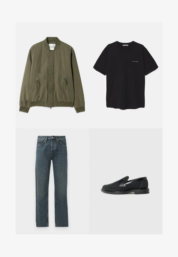 Olive roheline pommitaja jakk ümmarguse kaelusega, kahe lukuga eesmine taskuga, elastsete mansettidega ja puhta, minimalistliku disainiga. Igapäevane materjalitekstuur.; Must musta T-särk, ümar kaelus, lühikesed varrukad ja valge logo trükk vasakul rinnal. Lihtne, ühtlane värvitoon.; Tumed sinine denimist teksad sirge jala disainiga, viie tasku, nööbiga sulgemise ja kontrastsete õmbluse detailidega.; Must musta kootud slip-on king, millel on pehme nahast accent ülaserval, ümmargune varvas ja madal profiiliga kummitald.
