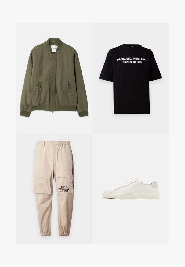 Giacca bomber verde oliva con collo rotondo, due tasche anteriori con zip, polsini elasticizzati e un design pulito e minimalista. Tessuto casual.; T-shirt nera a maniche corte in cotone con collo rotondo, con stampa bianca: "DSQUARED2 HERITAGE Fondata 1995" sul fronte.; Pantaloni cargo beige realizzati in tessuto leggero, dotati di vita elasticizzata, tasche con zip e un logo stampato sulla gamba sinistra.; Sneaker bianca in pelle con superficie liscia, punta rotonda e design minimalista. Presenta dettagli beige sul tallone e una suola in gomma.