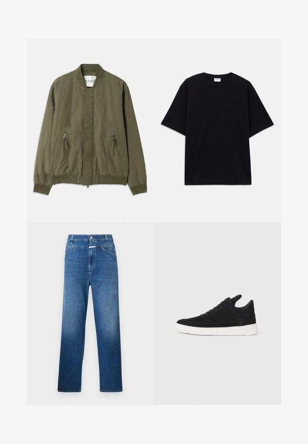 Olivza zaļš bomberis ar apaļu kakla izgriezumu, divām ar rāvējslēdzēju aizveramām priekšējām kabatām, elastīgām piedurknēm un tīru, minimālistisku dizainu. Ikdienas auduma tekstūra.; Melns īsām piedurknēm oversize T-krekls ar apaļu kakla izgriezumu un redzamu Filippa K zīmola birku iekškaklā.; Zilā džinsu bikses ar taisnu kāju kroku, ar pogu aizdari, jostas cilpām un vieglu izbalēšanu uz augšstilbiem.; Melna zamša apavi ar baltu gumijas zoli, ar tonālu izšuvumu un auklu dizainu. Gluda tekstūra ar mūsdienīgu, plūstošu formu.