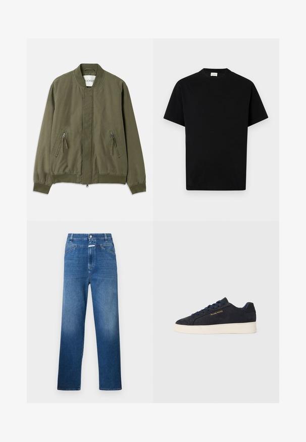 Olivengrøn bomberjakke med rund hals, to lynlåslommer foran, elastiske manchetter og et rent, minimalistisk design. Casual stofstruktur.; Sort bomuld t-shirt med rund hals, korte ærmer og lige snit. Ingen synlige mønstre eller hardwaredetaljer.; Blå denimjeans med lige ben, der har en knaplukning, bæltestropper og let falmning på lårene.; Mørkeblå ruskinds lavtop sneaker med hvid sål, mørkeblå snørebånd og "Filling Pieces" logo i guld på siden.