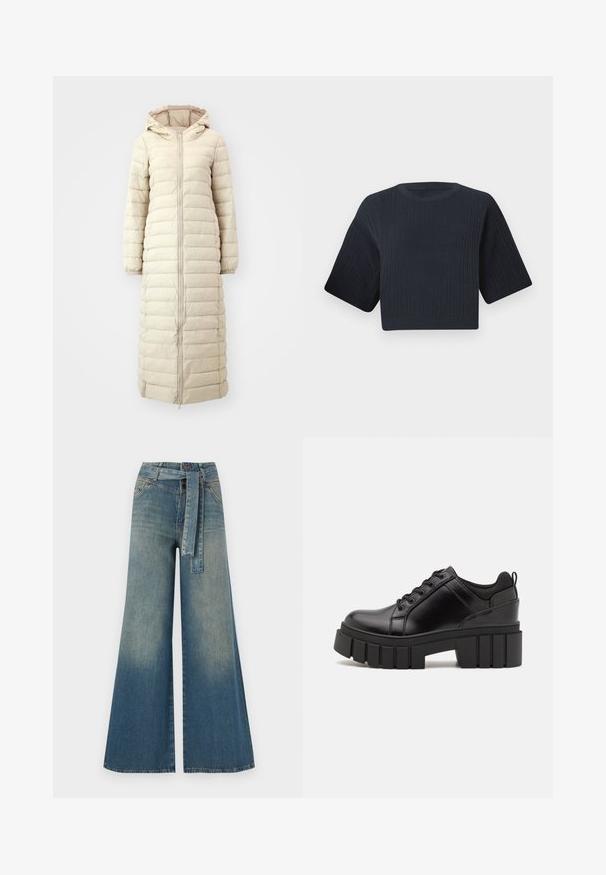 Longue doudoune beige en tissu matelassé, dotée d'une capuche, d'une fermeture éclair frontale intégrale et de poignets et d'un ourlet élastiqués. Texture lisse.; Pull en maille noir marine raccourci avec une texture côtelée, des manches courtes et larges, et un col rond. Design simple, sans motifs ni accents visibles.; Pantalons en denim à jambe large présentant un dégradé de bleu clair à bleu foncé, taille haute, passants de ceinture et une ceinture en tissu assortie. Finition en denim texturé.; Chaussures à plateforme en cuir noir avec un talon bloc épais, bout rond et un design traditionnel à lacets. Elles présentent une texture lisse et un détail minimal.