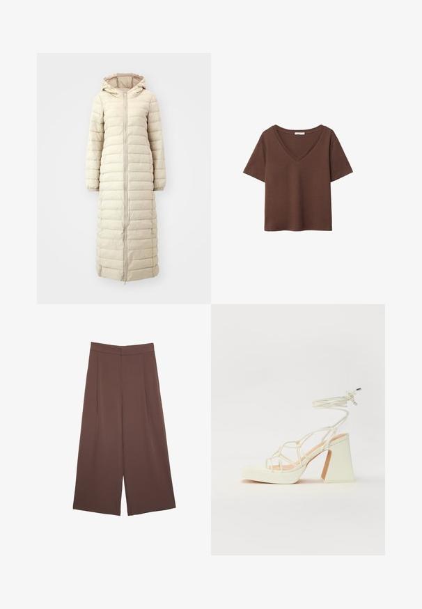 Dolg bež puhasti plašč iz prešite tkanine, z veliko kapuco, polnim zadrgo spredaj ter elastičnimi manšeti in robom. Gladka tekstura.; Rjava bombažna majica s kratkimi rokavi in globokim V-izrezom. Preprost dizajn, mehak material in raven rob. Brez vzorcev ali dekorativnih elementov.; Rjave široke hlače z gladko teksturo, ki imajo visok pas in sprednje naborke. Tkanina je lahka in prosto pada.; Bela sandala na visokih petah s debelim petam, ki ima obliko trakcev in vezanje okoli gležnja. Gladka tekstura z platformo spredaj za dodatno višino.